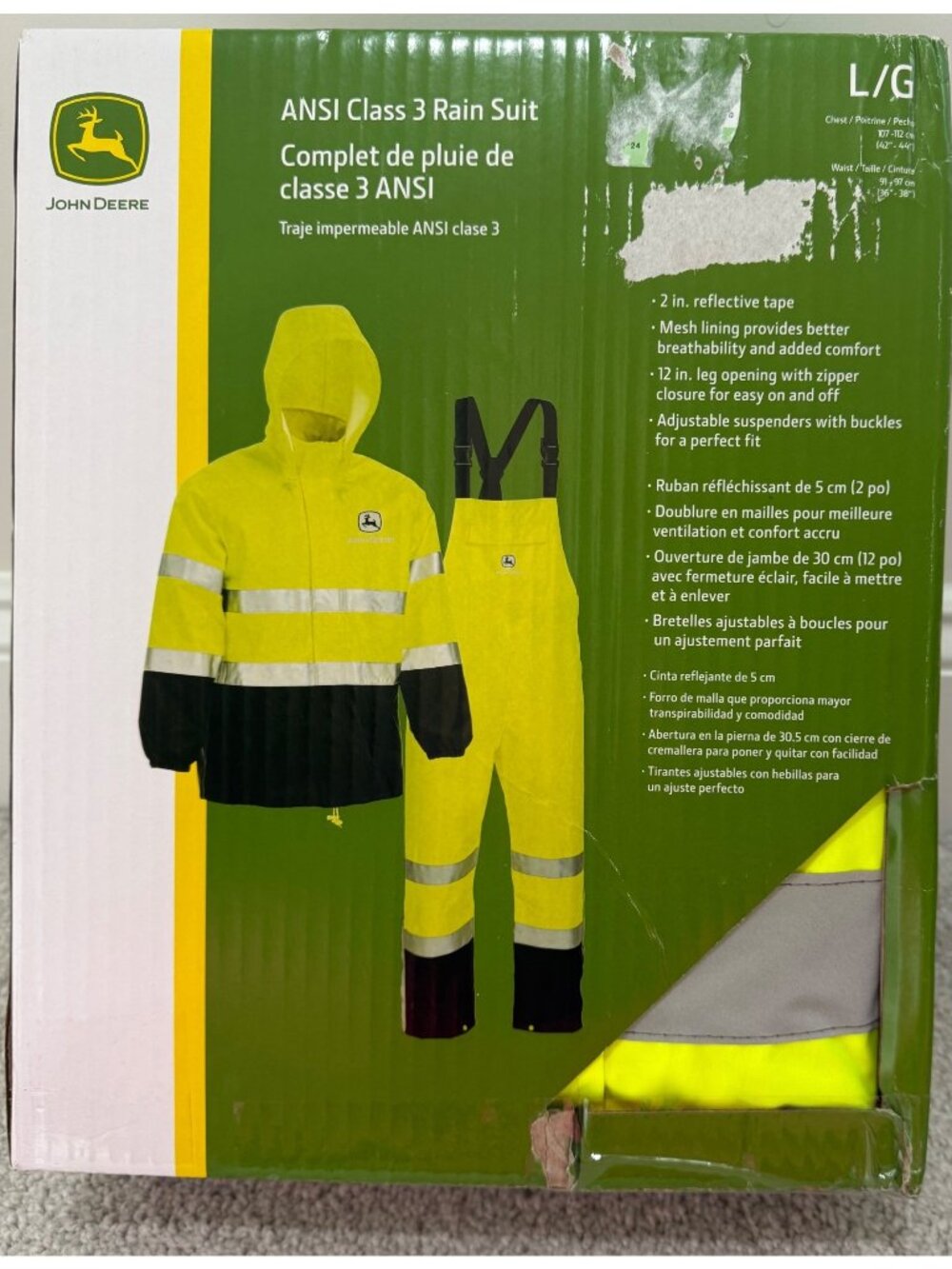 New John Deere Size Large ANSI Class 3 Rain Suit Yellow Reflective 2 Piece